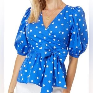 NWT Lilly Pulitzer Kara Cotton Blue Grotto Polkadot Wrap Top